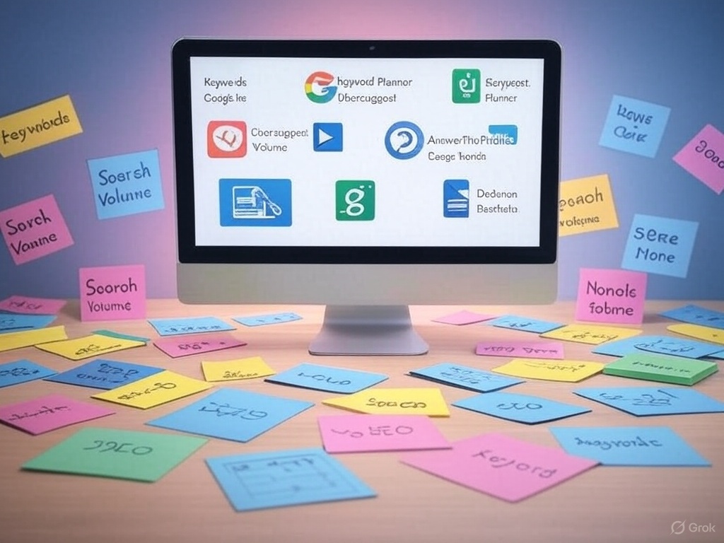 free keyword research tools like Google Keyword Planner, Ubersuggest, AnswerThePublic, and Google Trends, with sticky notes labeled "Keywords," "Search Volume," and "SEO" on a desk.