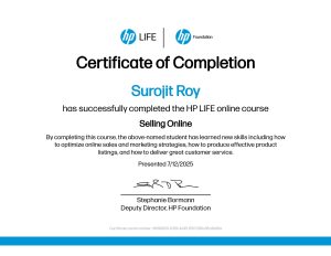 I’m always exploring new ways to grow and improve. Recently, I completed the Online Selling Certification from HP LIFE — an experience that helped me understand digital sales and customer connections on a deeper level. Every step like this moves me closer to creating more value online.