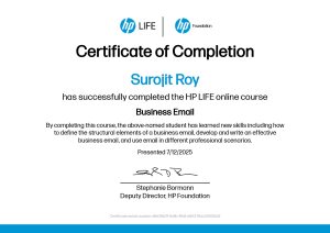 I’ve always believed that communication is the heart of every successful business. Recently, I completed the Business Email certification from HP LIFE, and it’s been a valuable step in refining how I connect with clients and partners. Clear, professional, and purposeful emails don’t just share information — they build trust. Excited to keep growing and applying what I’ve learned in real projects every day.